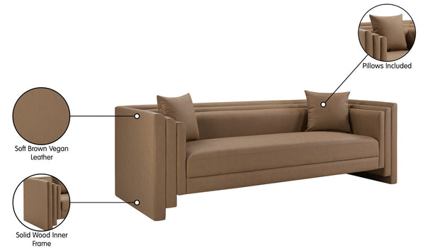 Meridian Furniture Everett Three Seat Vegan Leather Sofa with Plush Cushions for Modern Living Rooms 44067Brown-S