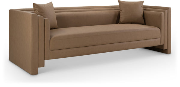 Meridian Furniture Everett Three Seat Vegan Leather Sofa with Plush Cushions for Modern Living Rooms 44067Brown-S