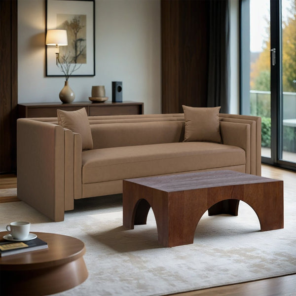 Meridian Furniture Everett Three Seat Vegan Leather Sofa with Plush Cushions for Modern Living Rooms 44067Brown-S