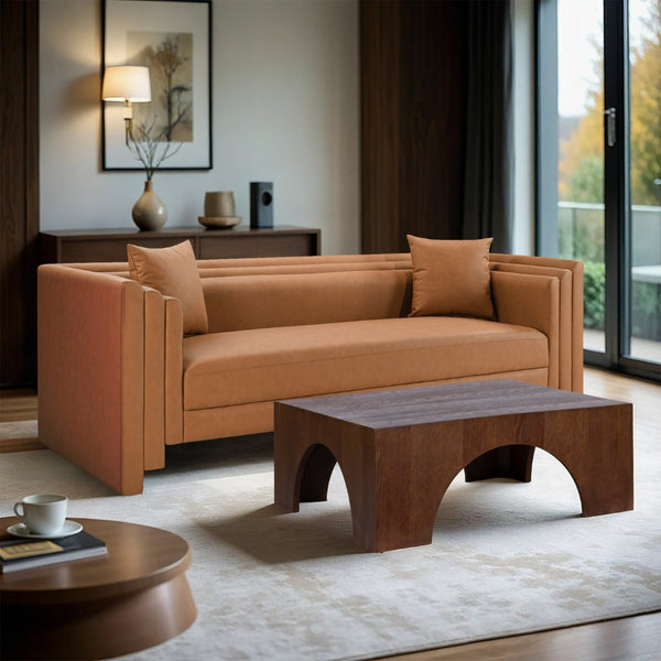 Meridian Furniture Everett Contemporary Vegan Leather Sofa with Structured Silhouette for Living Rooms 44067Cognac-S