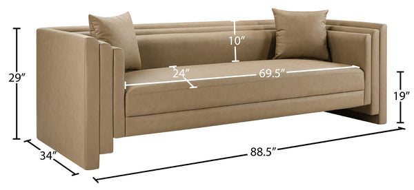 Meridian Furniture Everett Three Seat Vegan Leather Sofa with Solid Wood Frame for Modern Living Rooms 44067Tan-S