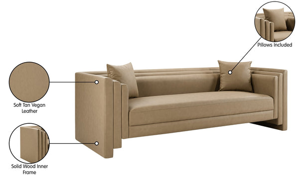 Meridian Furniture Everett Three Seat Vegan Leather Sofa with Solid Wood Frame for Modern Living Rooms 44067Tan-S