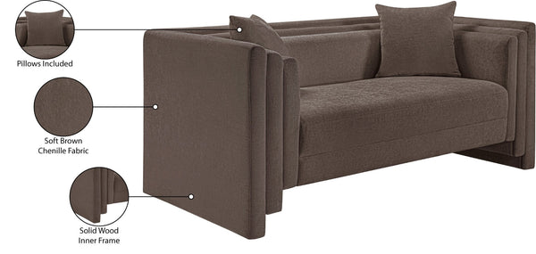 Meridian Furniture Everett Plush Chenille Compact Sofa with Staggered Cushions for Cozy Living Spaces 44068Brown-L