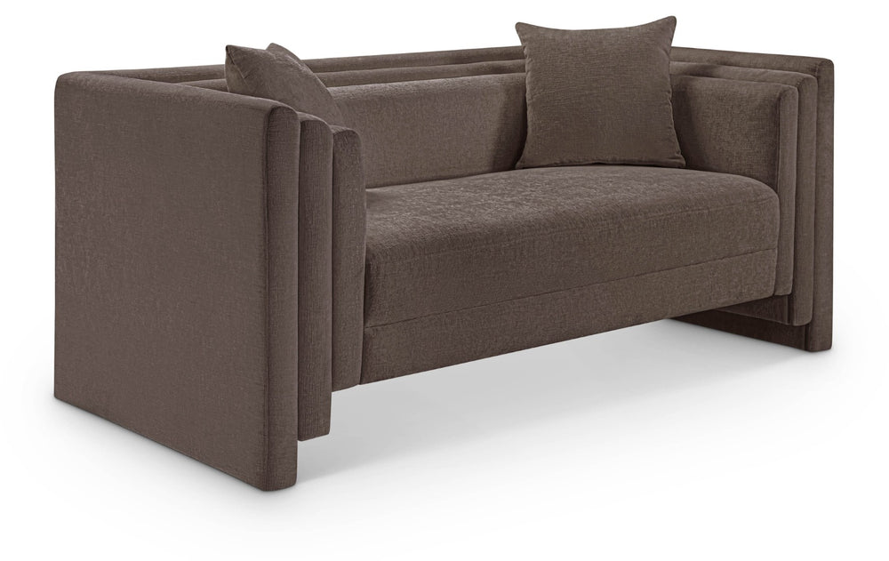 Meridian Furniture Everett Plush Chenille Compact Sofa with Staggered Cushions for Cozy Living Spaces 44068Brown-L