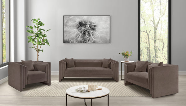 Meridian Furniture Everett Plush Chenille Compact Sofa with Staggered Cushions for Cozy Living Spaces 44068Brown-L