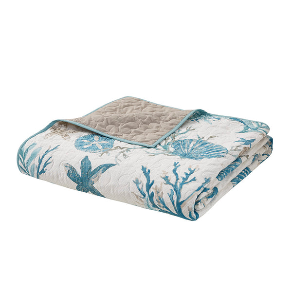 JLA Home Madison Park - 6 Piece Cotton Sateen Quilt Set Pebble Beach Shell & Starfish Pattern with Taupe Reverse, OEKO-TEX Certified Aqua MP13-8077