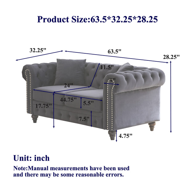 English Elm Fx 63.5" Luxurious Velvet Chesterfield Sectional Sofa With Button Tufts & 2 Pillows For Comfort W1926S00061