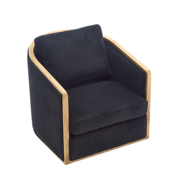 English Elm Corduroy Swivel Barrel Chair with Sturdy Hardwood Frame & Metal 360° Base, Plush Foam Seat, 300lb Capacity Black W395P220274