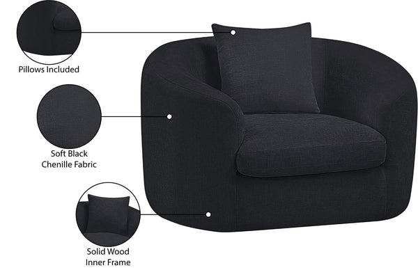 Meridian Furniture Penelope Plush Chenille Accent Chair with Throw Pillows and Solid Wood Frame for Living Rooms Black 44073Black-C