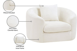 Meridian Furniture Penelope Plush Chenille Accent Chair with Throw Pillows and Solid Wood Frame for Living Rooms Cream 44073Cream-C