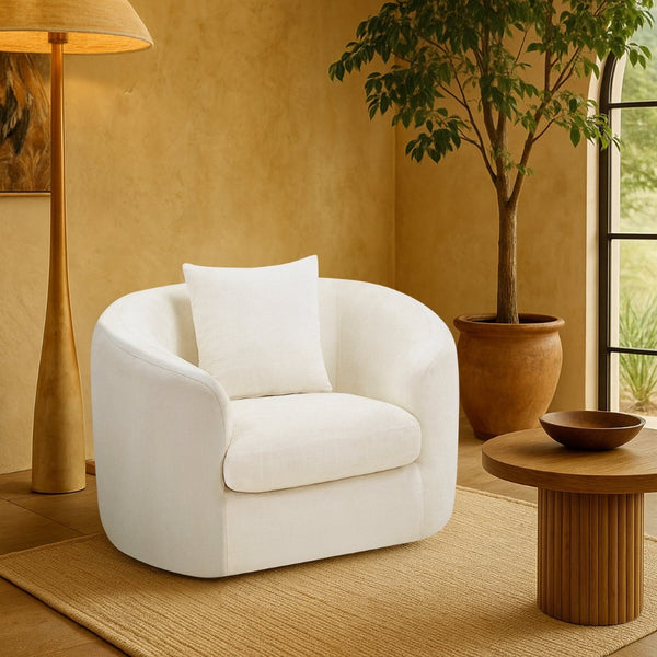 Meridian Furniture Penelope Plush Chenille Accent Chair with Throw Pillows and Solid Wood Frame for Living Rooms Cream 44073Cream-C