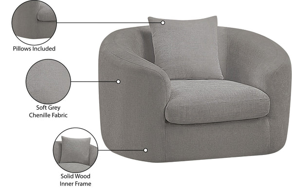 Meridian Furniture Penelope Plush Chenille Accent Chair with Throw Pillows and Solid Wood Frame for Living Rooms Grey 44073Grey-C