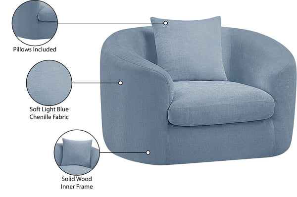 Meridian Furniture Penelope Plush Chenille Accent Chair with Throw Pillows and Solid Wood Frame for Living Rooms Light Blue 44073LtBlu-C