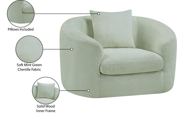 Meridian Furniture Penelope Plush Chenille Accent Chair with Throw Pillows and Solid Wood Frame for Living Rooms Mint 44073Mint-C