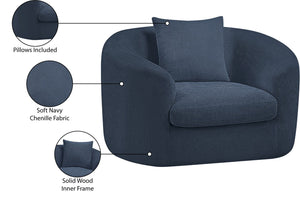 Meridian Furniture Penelope Plush Chenille Accent Chair with Throw Pillows and Solid Wood Frame for Living Rooms Navy 44073Navy-C