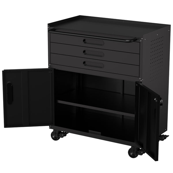 English Elm 34.3" Rolling Steel Workshop Cabinet with 3 Drawers Lockable Doors and Pegboard Sides W2735P428815