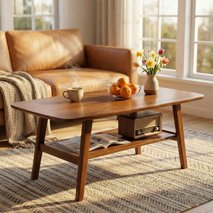 English Elm Mid Century Modern Solid Oak Two Tier Coffee Table with Open Shelf for Living Room Walnut W3204P469105