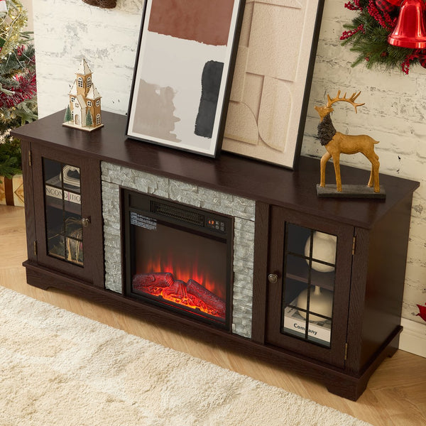 English Elm 58" Modern TV Stand with 18" Electric Fireplace, Faux Stone Mantel, Ample Storage & Cable Management for Living Room Comfort and Style Cherry W2275S00026