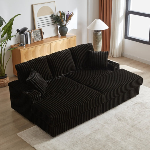 English Elm 84inch Corduroy Deep Seat Three Person Sofa with Storage Ottomans for Living Room Black W834S00566