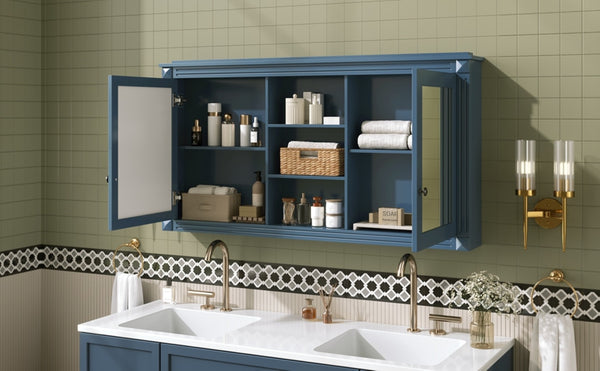 English Elm 55 Inch Wall Mount Medicine Cabinet Dual Mirrored Doors Soft Close Bathroom Vanity Storage Blue N710P401342C