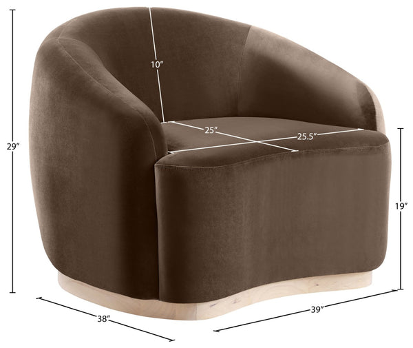 Meridian Furniture Gustavo Art Deco Velvet Accent Chair with Sculptural Curves and Solid Rubberwood Base Brown 44081Brown-C