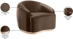 Meridian Furniture Gustavo Art Deco Velvet Accent Chair with Sculptural Curves and Solid Rubberwood Base Brown 44081Brown-C