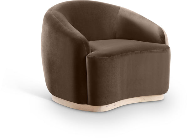 Meridian Furniture Gustavo Art Deco Velvet Accent Chair with Sculptural Curves and Solid Rubberwood Base Brown 44081Brown-C