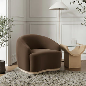 Meridian Furniture Gustavo Art Deco Velvet Accent Chair with Sculptural Curves and Solid Rubberwood Base Brown 44081Brown-C