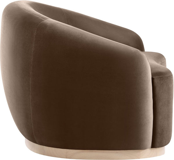 Meridian Furniture Gustavo Art Deco Velvet Accent Chair with Sculptural Curves and Solid Rubberwood Base Brown 44081Brown-C