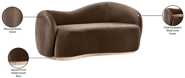 Meridian Furniture Gustavo Art Deco Curved Velvet Sofa with Sculpted Arms and Solid Wood Legs for Living Rooms Brown 72.5 inches 44081Brown-L