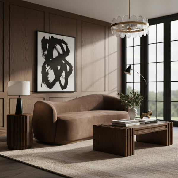 Meridian Furniture Gustavo Art Deco Curved Velvet Sofa with Sculpted Arms and Solid Wood Legs for Living Rooms Brown 92.5 inches 44081Brown-S