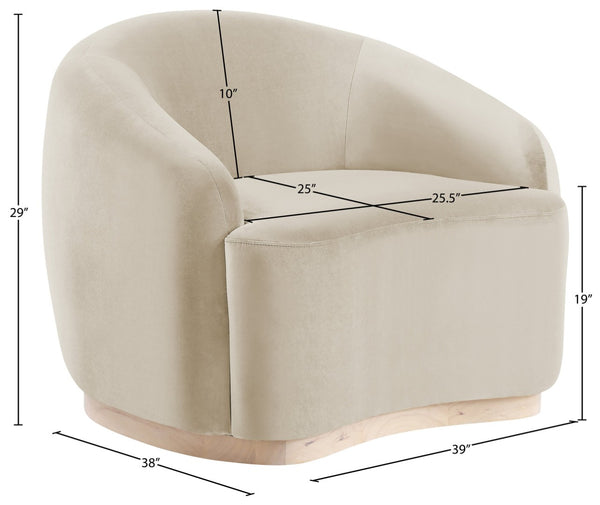 Meridian Furniture Gustavo Art Deco Velvet Accent Chair with Sculptural Curves and Solid Rubberwood Base Cream 44081Cream-C
