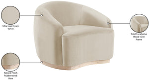 Meridian Furniture Gustavo Art Deco Velvet Accent Chair with Sculptural Curves and Solid Rubberwood Base Cream 44081Cream-C