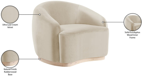 Meridian Furniture Gustavo Art Deco Velvet Accent Chair with Sculptural Curves and Solid Rubberwood Base Cream 44081Cream-C
