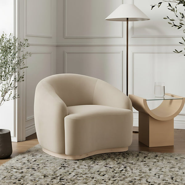 Meridian Furniture Gustavo Art Deco Velvet Accent Chair with Sculptural Curves and Solid Rubberwood Base Cream 44081Cream-C