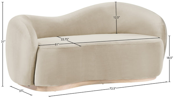 Meridian Furniture Gustavo Art Deco Curved Velvet Sofa with Sculpted Arms and Solid Wood Legs for Living Rooms Cream 72.5 inches 44081Cream-L