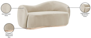 Meridian Furniture Gustavo Art Deco Curved Velvet Sofa with Sculpted Arms and Solid Wood Legs for Living Rooms Cream 72.5 inches 44081Cream-L