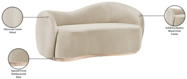 Meridian Furniture Gustavo Art Deco Curved Velvet Sofa with Sculpted Arms and Solid Wood Legs for Living Rooms Cream 72.5 inches 44081Cream-L