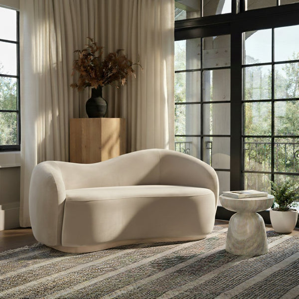 Meridian Furniture Gustavo Art Deco Curved Velvet Sofa with Sculpted Arms and Solid Wood Legs for Living Rooms Cream 72.5 inches 44081Cream-L