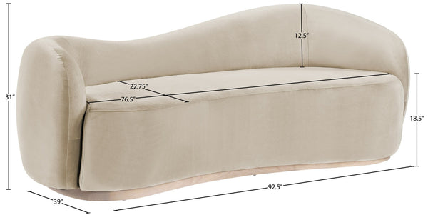 Meridian Furniture Gustavo Art Deco Curved Velvet Sofa with Sculpted Arms and Solid Wood Legs for Living Rooms Cream 92.5 inches 44081Cream-S