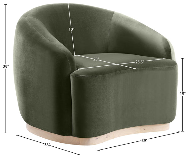 Meridian Furniture Gustavo Art Deco Velvet Accent Chair with Sculptural Curves and Solid Rubberwood Base Green 44081Green-C