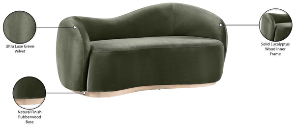 Meridian Furniture Gustavo Art Deco Curved Velvet Sofa with Sculpted Arms and Solid Wood Legs for Living Rooms Green 72.5 inches 44081Green-L
