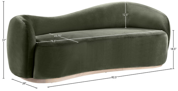 Meridian Furniture Gustavo Art Deco Curved Velvet Sofa with Sculpted Arms and Solid Wood Legs for Living Rooms Green 92.5 inches 44081Green-S