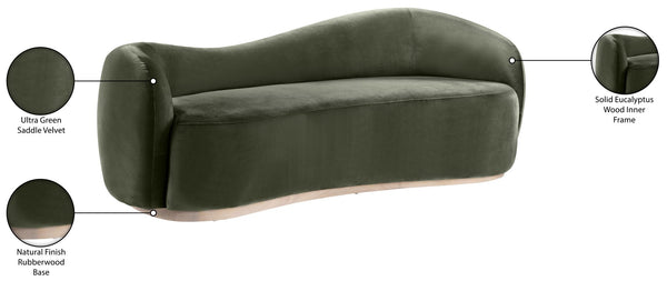Meridian Furniture Gustavo Art Deco Curved Velvet Sofa with Sculpted Arms and Solid Wood Legs for Living Rooms Green 92.5 inches 44081Green-S