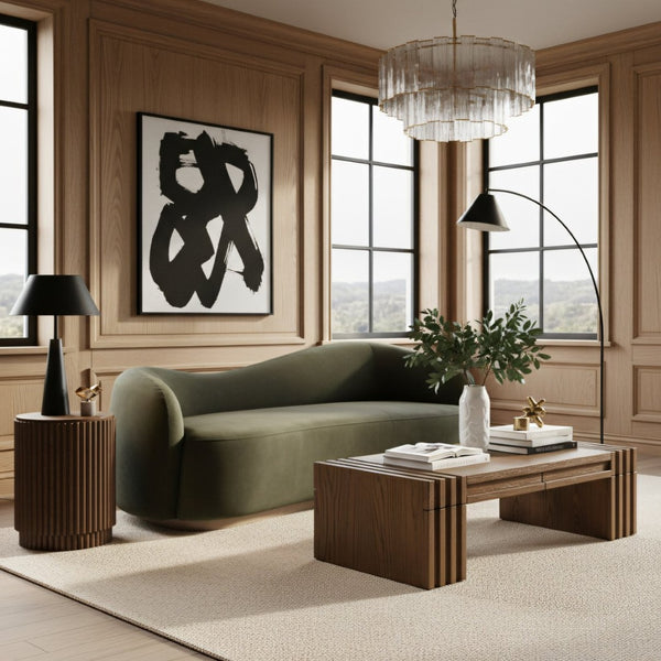 Meridian Furniture Gustavo Art Deco Curved Velvet Sofa with Sculpted Arms and Solid Wood Legs for Living Rooms Green 92.5 inches 44081Green-S