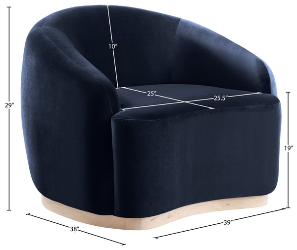 Meridian Furniture Gustavo Art Deco Velvet Accent Chair with Sculptural Curves and Solid Rubberwood Base Navy 44081Navy-C