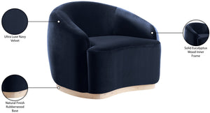 Meridian Furniture Gustavo Art Deco Velvet Accent Chair with Sculptural Curves and Solid Rubberwood Base Navy 44081Navy-C