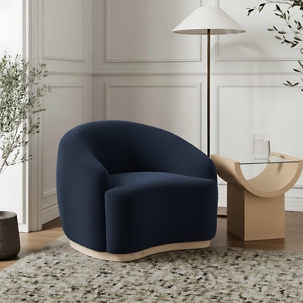 Meridian Furniture Gustavo Art Deco Velvet Accent Chair with Sculptural Curves and Solid Rubberwood Base Navy 44081Navy-C
