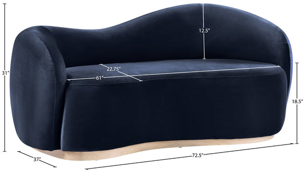 Meridian Furniture Gustavo Art Deco Curved Velvet Sofa with Sculpted Arms and Solid Wood Legs for Living Rooms Navy 72.5 inches 44081Navy-L