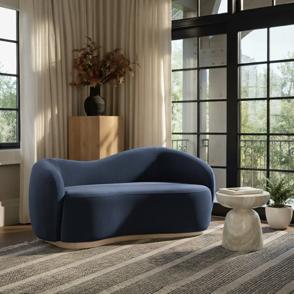 Meridian Furniture Gustavo Art Deco Curved Velvet Sofa with Sculpted Arms and Solid Wood Legs for Living Rooms Navy 72.5 inches 44081Navy-L